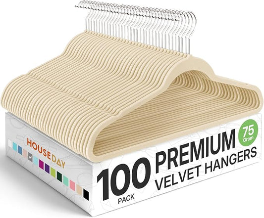 HOUSE DAY Premium Velvet Hangers 100 Pack Beige, Non-Slip Flocked Felt Hangers, Sturdy Clothes Hanger with 360° Rotatable Hook, Heavy Duty Durable Slim Coat Hanger for Closet Space Saving