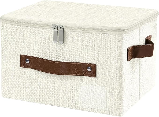 ANMINY Storage Bins with Zipper Lid Storage Boxes with Label Holder PU Leather Handles Washable Foldable Decorative Lidded Cotton Linen Fabric Cubes Baskets Closet Organizer - Beige, Small