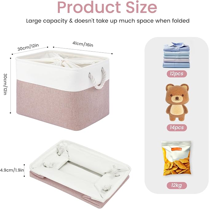 Large Storage Baskets- 16x12x12 inch Storage Bins for Shelves and Closet Organizing, Foldable Fabric Bin for Home Organization Clothes and Laundry (1-Pack, White&Pink)