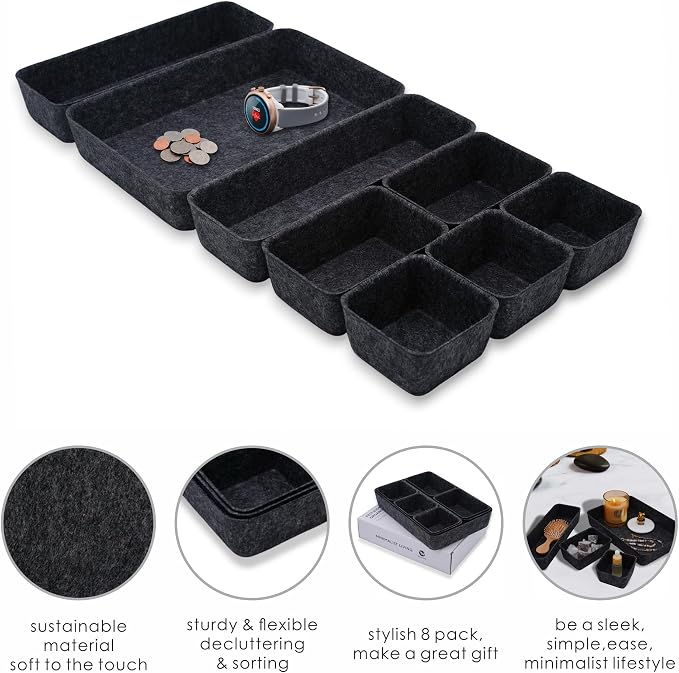 Welaxy Minimalist Felt Desk Drawer Organizer 8-Piece Charcoal Storage Bins