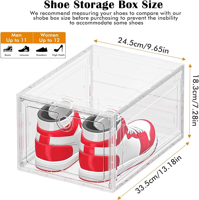 ARSTPEOE 12 Pack Upgrade Harder Shoe Organizer, Shoe Storage with Magnetic Front Door, Clear Shoe Boxes Foldable Space-Saving Shoe Rack for Sneaker Boot Container, White