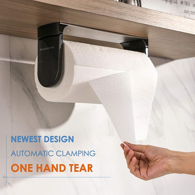 simpletome ONE Hand Tear Paper Towel Holder Under Cabinet Adhesive or Drilling Installation Aluminum Alloy + ABS (Black) | tension arms, tear one/more sheets at one time | aluminum alloy+abs | adhesive or drilling for wall/cabinet | for 28cm roll
