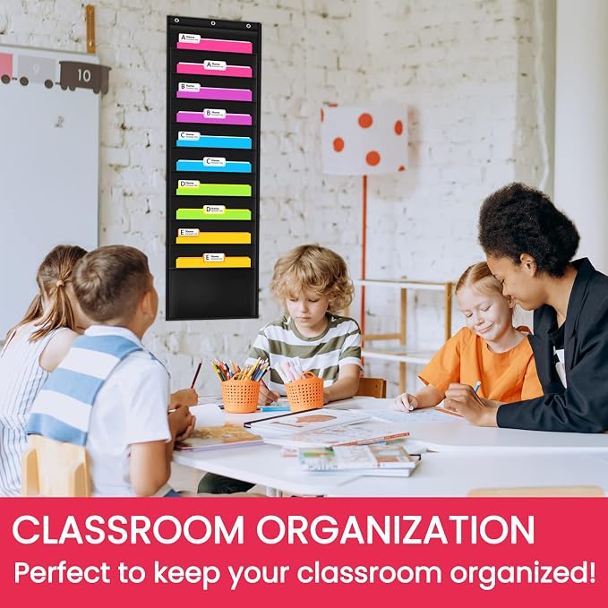 Premium Hanging File Folder Organizer, 10 Pockets, & 3 Hangers Cascading Wall Organizer，Perfect for Home Organization, School Pocket Chart, Office Bill Filing. Wall or Over Door Mount