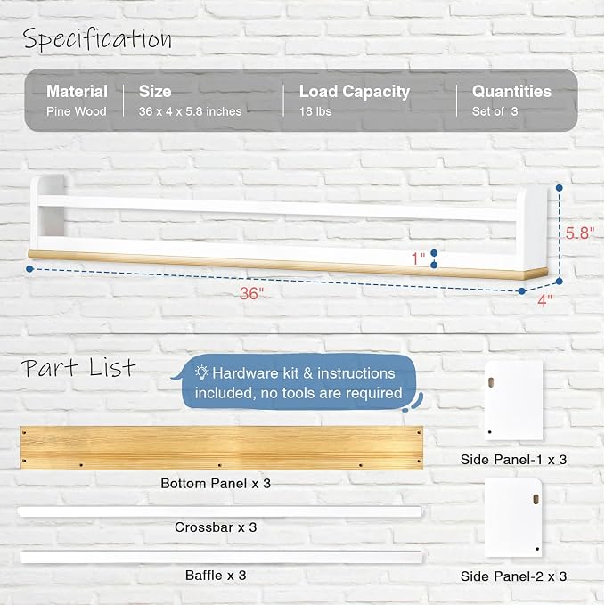 Harwaya Kids Bookshelf Wall Mounted 36 Inch Long, White and Natural Wood Nursery Floating Bookshelves for Wall, Large Hanging Book Shelves for Baby Toddler Kid Childs Bedoom Playroom -Set of 3