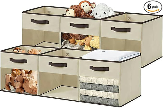 DECOMOMO Storage Bins, Cube Storage Bin with Window | 13" Cube, 6 Pack, Fabric Storage Cubes for Shelves (Beige)