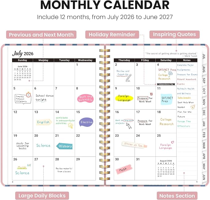 Planner 2026-2027, Hardcover Monthly and Weekly Academic Planner July 2026 - June 2027, Teacher and Student Calendar Agenda Book with Tabs, A5 (6.3" x 8.5"), Ideal for School and Office, Floral Planner, Floral Reverie