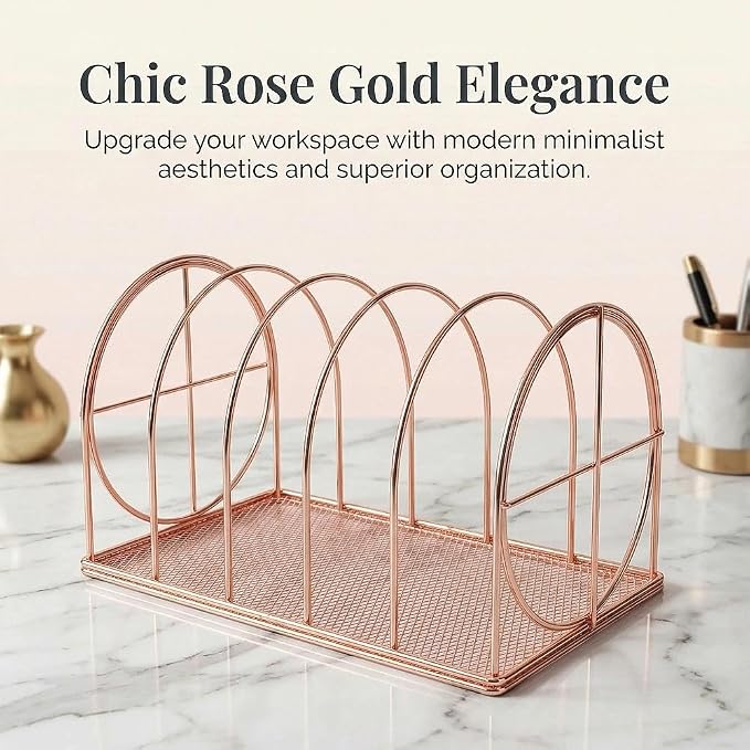 File Sorter Organizer, 5 Section Magazine Holder Rack, Desktop Round Wire Book Stand for Mail, Paper, Document, Folder, Record and Desk Accessories, Rose Gold