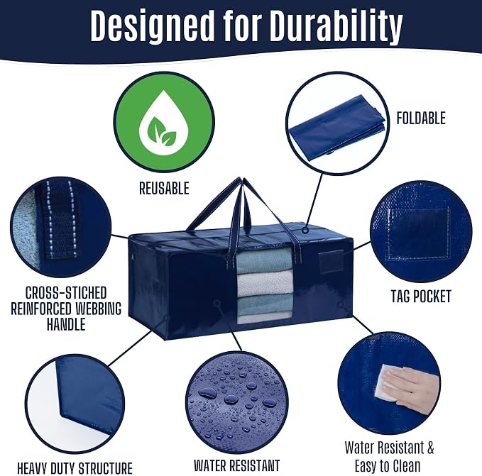 VENO 8 Pack Heavy Duty Moving Bags, Packing Bags with Clear Window, Alternative to Moving Boxes, Storage Bins for Clothes, Blankets, Comforters, College Dorm Essentials (Blue, 8 Pack)