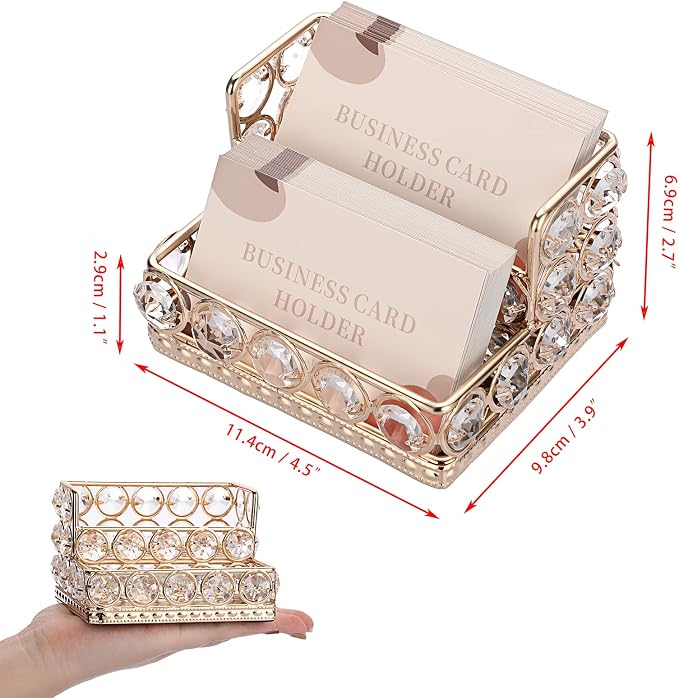 Hipiwe 2 Tiers Crystal Business Card Holder Gold Mirrored Cards Organizer | Business Cards Display Stand Desktop Name Card Storage Holder for Office Countertop