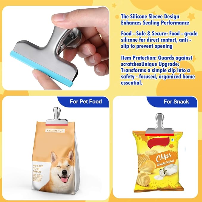 HOUSE AGAIN 6 Pack Stainless Steel Chip Bag Clips Covered with Silicone - NO More Sharp Edges - Color Coded for Food Bags - Air Tight Seal, Heavy Duty for Kitchen and Office, 3 Inches, Red,Yellow,Blue