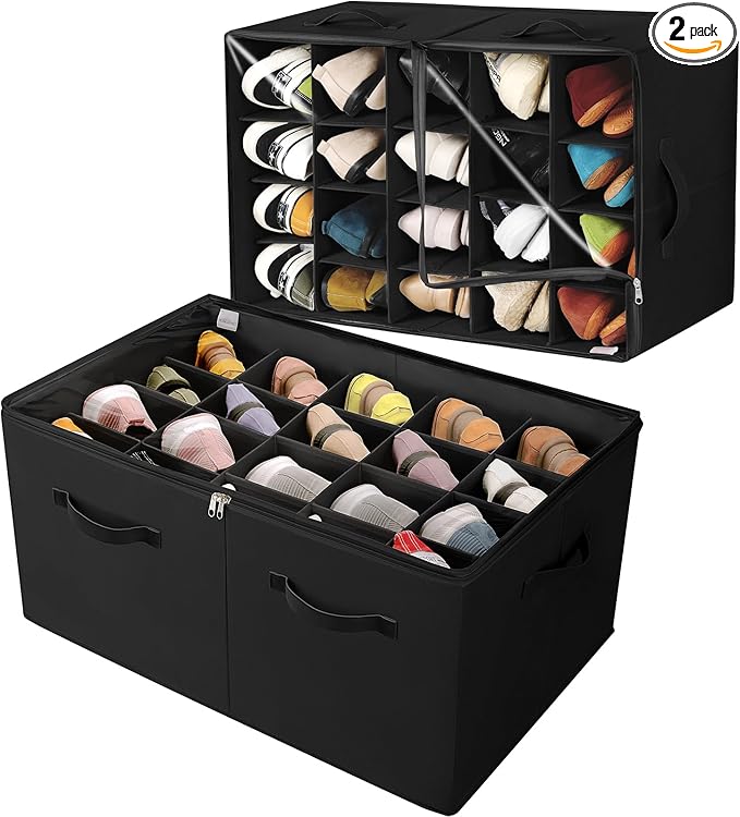 TOPIA HOME Shoe Organizer for Closet 2 Pack, Foldable Shoe Box with Adjustable Divider and Clear Cover, Space Saving Shoe Storage Organizer Cabinet with Reinforced Handles, Fits 40 Pair, Black, TP11B