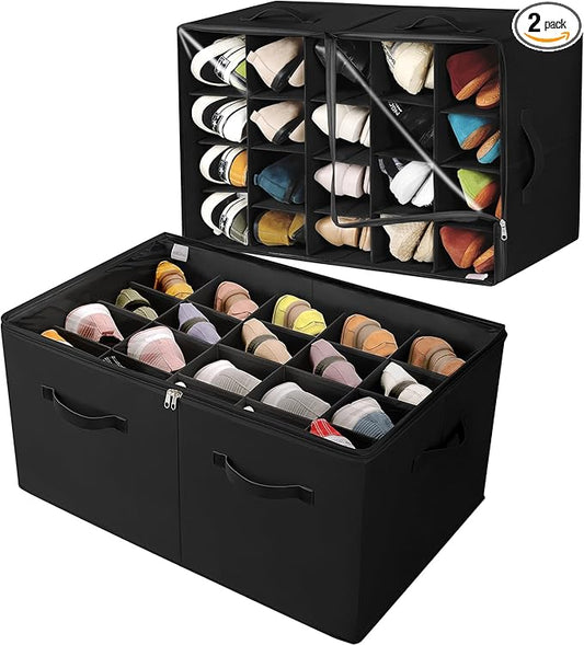 TOPIA HOME Shoe Organizer for Closet 2 Pack, Foldable Shoe Box with Adjustable Divider and Clear Cover, Space Saving Shoe Storage Organizer Cabinet with Reinforced Handles, Fits 40 Pair, Black, TP11B