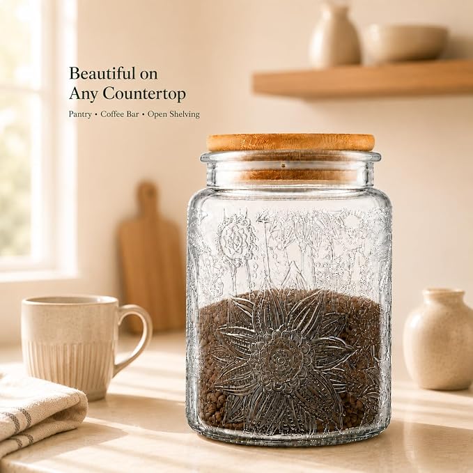 ANSQU 2 Pack Vintage Glass Storage Jar, 23.7 FL OZ Glass Food Storage Containers with Bamboo Lid, Candy Jars with Lids for Kitchen Counter, Pantry, Coffee, Tea, Sugar