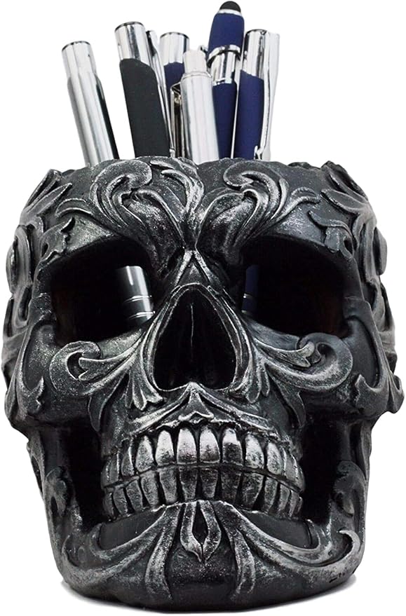 Ebros Gift Tribal Tattoo Floral Skull Pen Holder Figurine 5.75" L Office Desktop Ossuary Skulls Decor Cranium Skeleton Head Stationery Holder As Halloween Macabre Graveyard Spooky Decorative Statue
