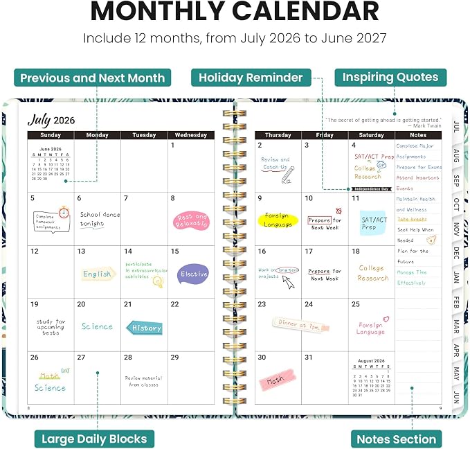Planner 2026-2027, Hardcover Monthly and Weekly Academic Planner July 2026 - June 2027, Teacher and Student Calendar Agenda Book with Tabs, A5 (6.3" x 8.5"), Ideal for School and Office, Drifting Whales
