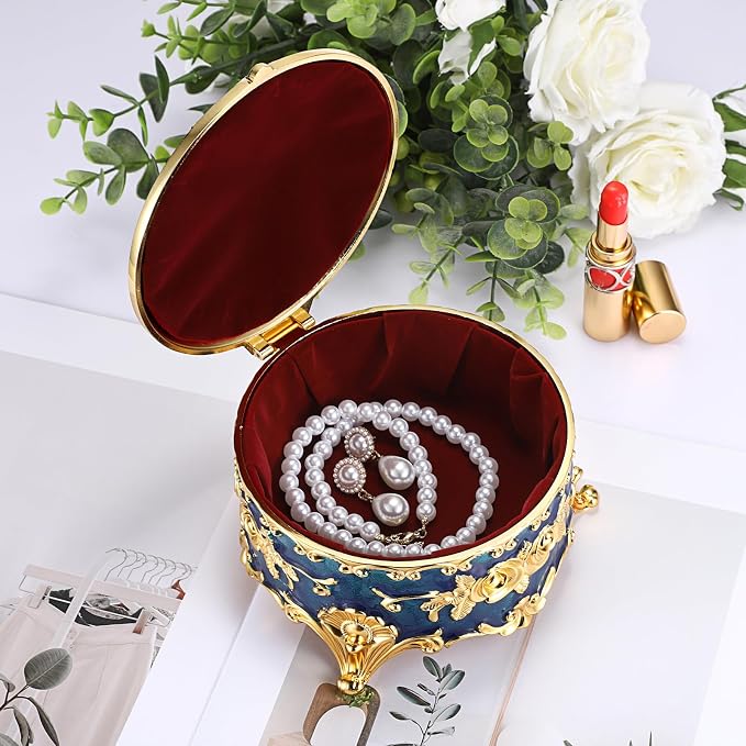 Hipiwe Vintage Jewelry Box Metal Keepsake Box Round Treasure Storage Case for Ring Earrings Necklace Holder Wedding Birthday Gift for Woman, Blue, 5.7" L x 5.1" W x 3.5" H