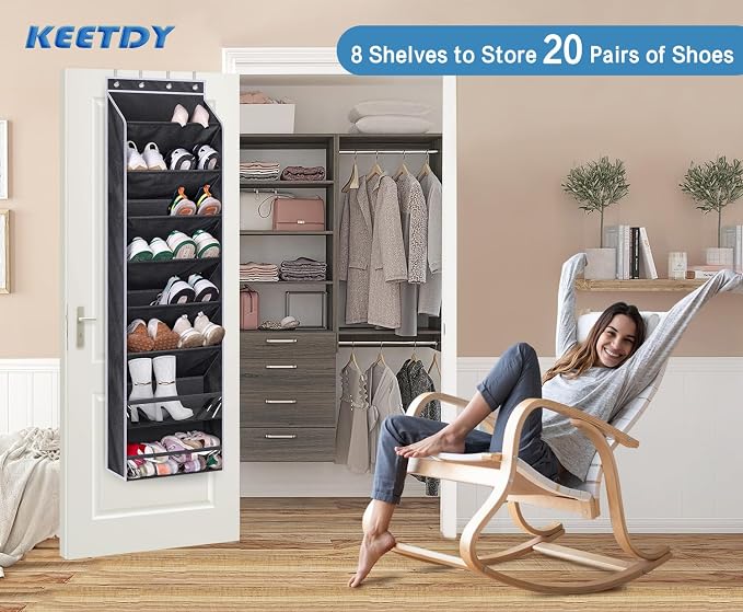KEETDY Over the Door Shoe Rack for Door Fit 20 Pairs Sneakers Large Hanging Shoe Organizer for Closet Storage Boots, Black