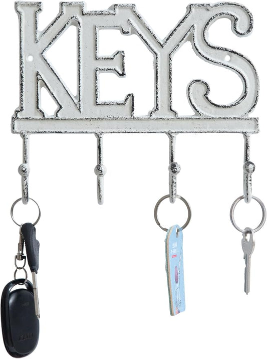 FairyCity Keys Holder for Wall Metal Vintage Keys Hook Organizer- Home Decor Key Hanger Rack Decorative with 4 Hooks,18 * 15cm White