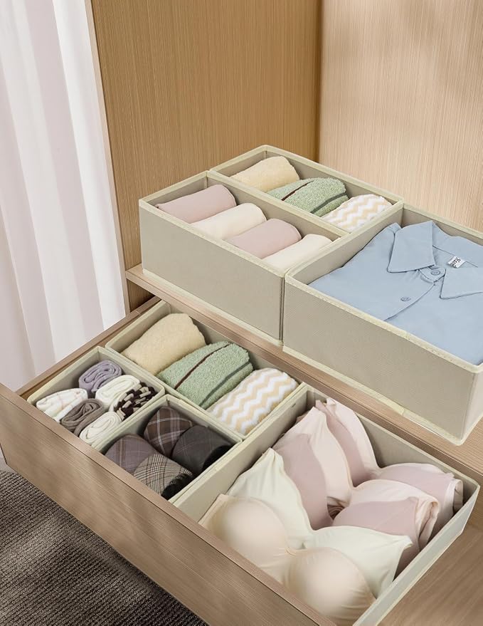 Fordonral 12 Pack Drawer Organizer Clothes, Foldable Fabric Dresser Organizer Closet Organizers and Storage Box for Underwear,Folded Clothes,Baby Clothing,Socks,Bra,Towels,Ties(12 Pack,Beige)