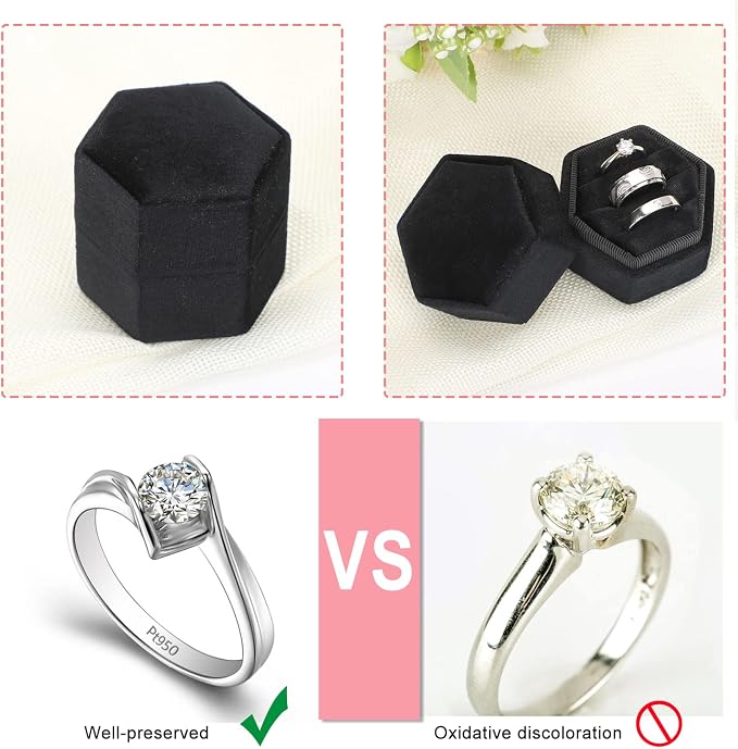WantGor Velvet Jewelry Ring Box, 3 Slots Hexagon Ring Gift Box Ring Holder | Vintage Ring Display Case for Wedding Ceremony Proposal Engagement (Black, 3 Slots)