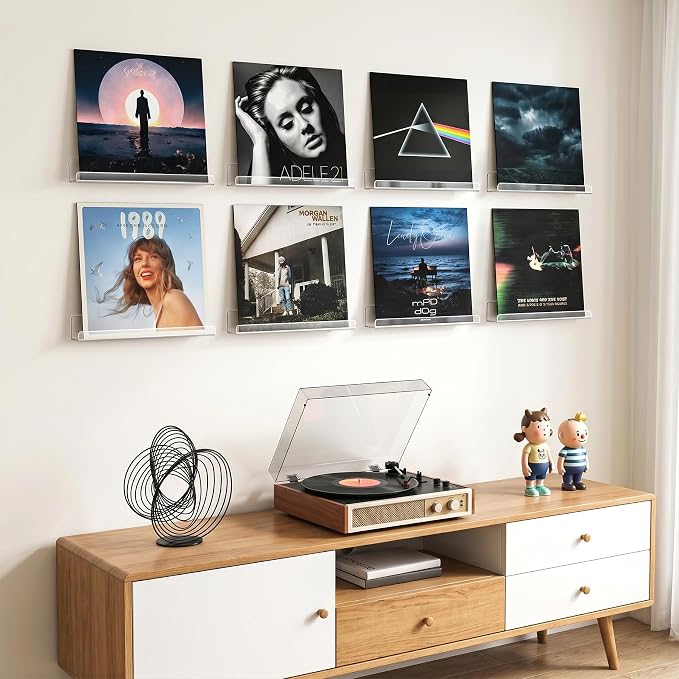 Gotega 8 Pack Vinyl Record Shelf Wall Mount, 12 inch Album Record Holder Display, Clear Acrylic Floating Shelves for Wall, Suitable for Bedroom, Living Room, Magazine Shelf, Kids Bookshelf, etc