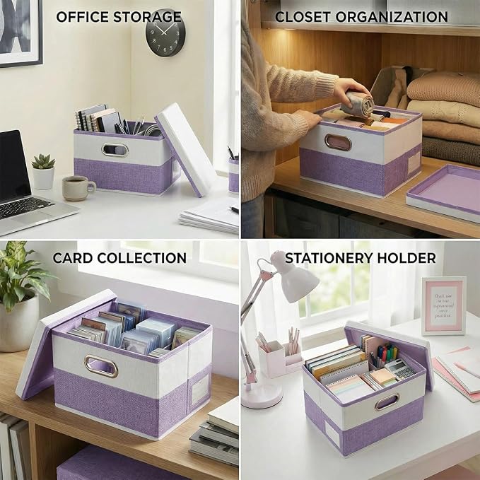 PRANDOM Storage Bins with Lids [3-Pack] Linen Fabric Foldable Storage Boxes Organizer Containers Baskets Cube with Cover for Bedroom Closet Office Purple&White（11.4X8.6X6.7