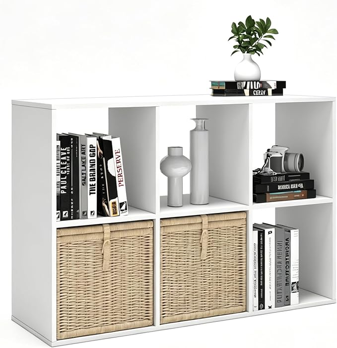 6 Cube Shelf Bookcase, White, 11in | Anti-Tipping Kits, Reversible Open Back, Multi Layer Multi Grid Partition Layout
