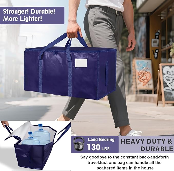 4 Pack-Extra Large Heavy Duty Moving Bags - Waterproof Storage Totes with Handles & Zippers, Foldable for College Dorm, Storage (Dark Blue)