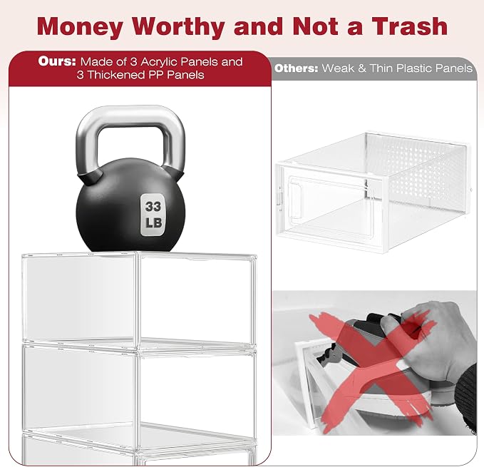 1 Pack Clear Shoe Storage Boxes Stackable, Large Sneaker Organizer with Acrylic Magnetic Door, Plastic Drop Front Shoe Containers for Men up to Size 12.5, Transparent Shoe Organizer for Closet