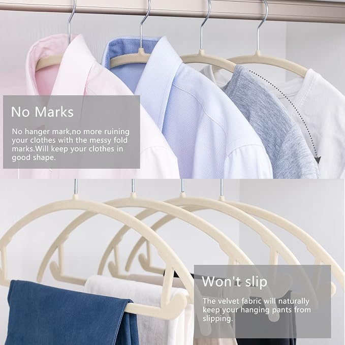 MIZGI Premium Velvet Hangers 50 Pack Heavyduty- Non Slip No Shoulder Bump Suit Hanger - Chrome Hooks,Space Saving Clothes Rounded Shape for Coat,Sweater,Jackets,Pants