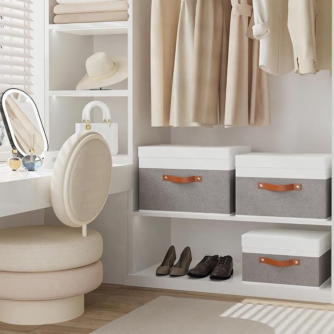 Storage Bins with Lids,White/Grey Baskets,5Pack,13x9.1x7.9In | Storage Baskets with Handles,Fabric Clothing Boxes, Collapsible Organizer,Closet Container Cubes for Shelves Wardrobe