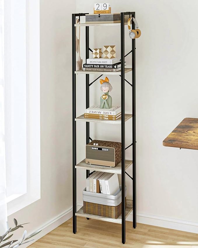 Hzuaneri Bookshelf, Book Shelf, Industrial Bookcase with 2 Hooks, Coner Shelf Storage Organizer for Home Office, Living Room, Bedroom, Kitchen, 5-Tier Greige BC10505B