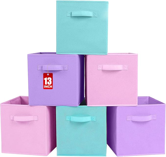 ShellKingdom Storage Bins, Foldable Fabric Storage Cube And Cloth Organizer | Storage Drawer For Closet And Toys, 13 X 13 X 13 INCH, 6 Pack ((Lavender+Light Blue+Pink))