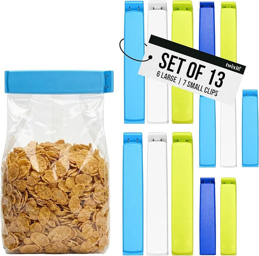 Linden Sweden Twixit Bag Clips - Keep Food Fresh, Stop Spillage - Keep Food Fresh, Prevent Spillage - Great for Storage and Organization - Microwave, Freezer & Dishwasher-Safe - BPA-Free - Set of 13