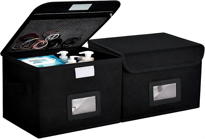 2 Pack Small Storage Box, Storage Basket with Lid, Foldable Cotton Linen Fabric Keepsake Box, Organizer Container with Zipper for Decorative, Medicine, Greeting Card Organizer, Black