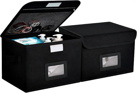 2 Pack Small Storage Box, Storage Basket with Lid, Foldable Cotton Linen Fabric Keepsake Box, Organizer Container with Zipper for Decorative, Medicine, Greeting Card Organizer, Black