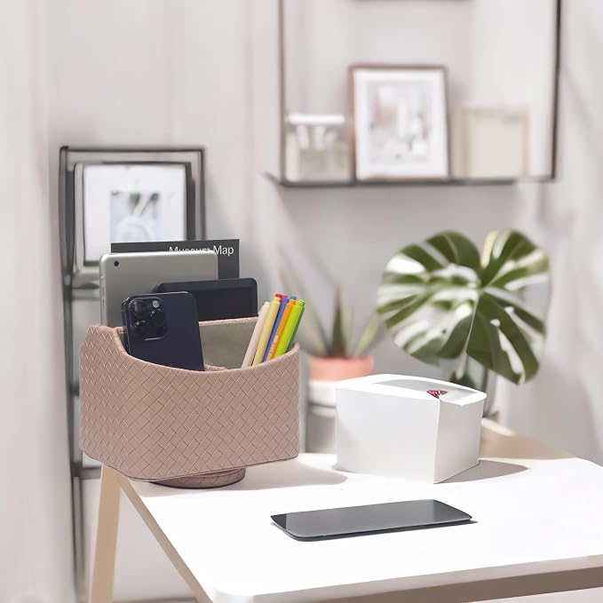 UnionBasic Rotating Desk Organizer, 360 Degree Desk Spinning Caddy, Desktop TV Guide/Mail/Media/Remote Controller Holder Organizer,Woven Pink