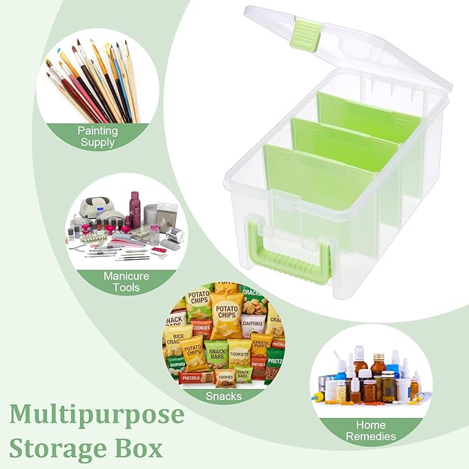 BTSKY Clear Plastic Dividing Storage Box with 4 Deep Compartments Adjustable Storage Bin with Lid Portable Craft Container Multipurpose Sewing Box Art Supply Organizer, 13.9x7.9x6.2 Inches, Green