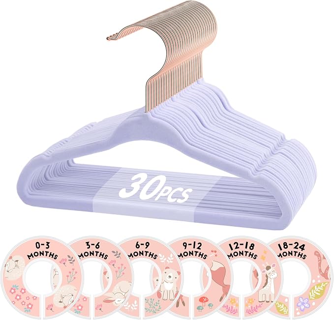 VIS'V Velvet Baby Hangers with 6 Pcs Size Dividers, 11 Inch, Purple, 30 Pcs | Compact Size, Non Slip, Infant Toddler Nursery Closet Organization