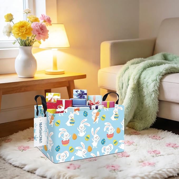 Rectangular Collapsible Rabbit Storage Basket Nursery Toy Organizer | Storage Bin Foldable Canvas with Handles for Organizing Home Kitchen Children Toys Office Closet Shelf Baskets