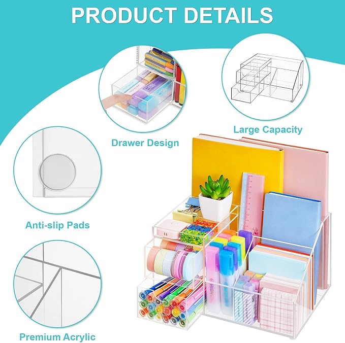 VITVITI Acrylic Desk Organizer, Clear Pencil Organizer for Desk, Multifunctional Desktop Stationary Pen Organizer, 8 Compartment Storage with Drawer, for Office/A4 Paper/Art Supply