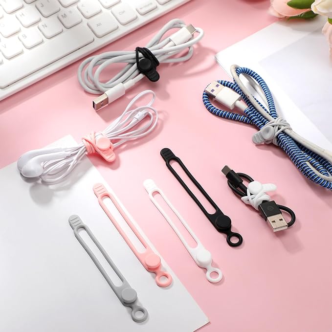Nuanchu 40 Pcs Silicone Cable Ties Reusable Holder Adjustable Straps Multipurpose Charging Cable Organizer for Fastening Charging Cords Wires(4.17 Inch,Black, White, Gray, Pink)