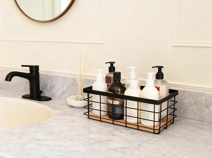 ShabbyDecor Farmhouse Metal Wire Basket for Kitchen Cabinets Pantry etc | Detachable Wood Base Storage Organizer for Kitchen Cabinets, Bathroom, Pantry, Laundry Room