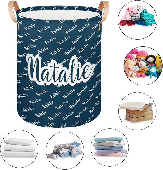 Personalized Laundry Basket, Custom Gift Laundry Hamper, Collapsible Nursery Waterproof Laundry Baskets, Dirty Clothes Toy Hamper with Handles Name Dark Blue