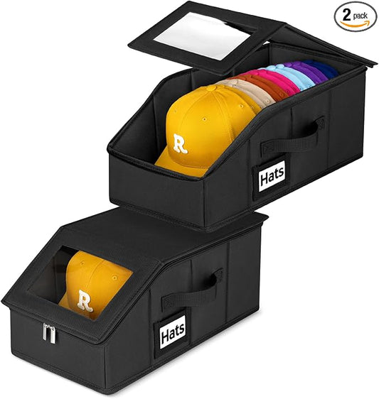 Dofilachy 2 Pack Stackable Hat Storage for Baseball Caps, Holds 28 Caps - Closet Organizer Box with Clear Window & Cardboard，Sturdy Snapback Hat Boxes for Home Storage (dark, 2)