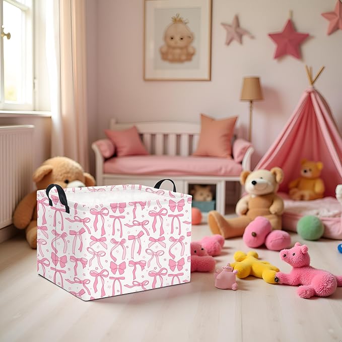 Rectangular Kids Storage Basket for Home Kitchen Girls Cute Storage Bin Organizer Shelf Book Room Decor(Pink Bowknot)