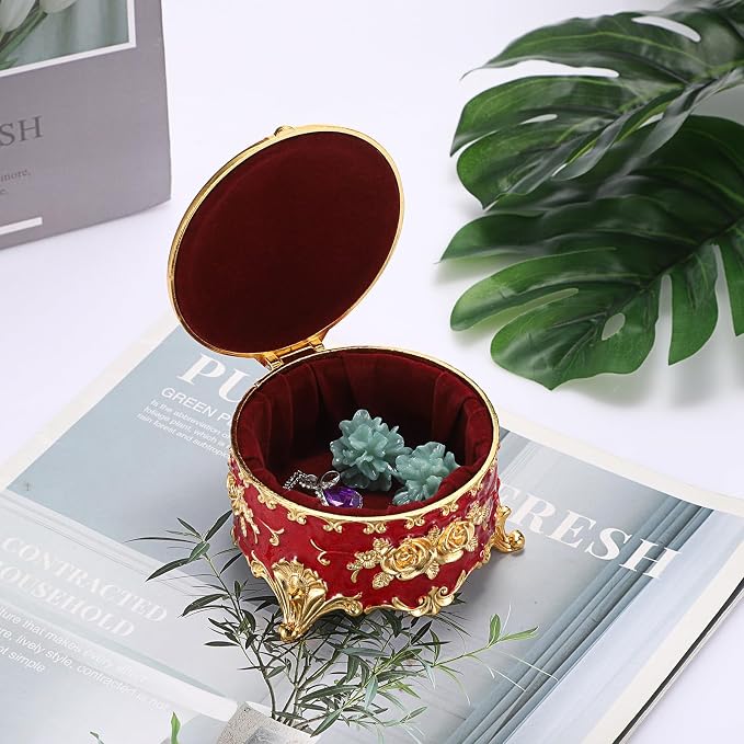 Hipiwe Vintage Metal Jewelry Box - Small Trinket Organizer Ring Box Case with Rose Pattern Jewelry Storage Box for Ring Earrings Necklace, Keepsake Box for Women,Red