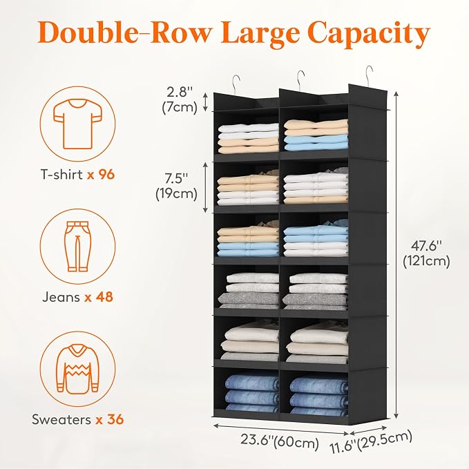 Lifewit Dual-Row Shelf Hanging Closet Organizer and Storage, Clothes Shelves with 3 Sturdy Hooks for Clothing Organization, Foldable Container Hold Up to 36 Sweaters, 6 Tier 12 Sections, Black