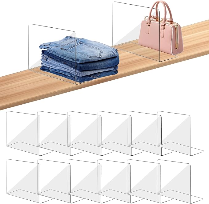 OKPOW Shelf Dividers for Closet Organization – Keep Sweaters & Purses Upright, Clear Acrylic Separators for Most Wood Shelves & Pantry, Damage-Free, Sturdy & Tall (10" x 12", 12 Pack)