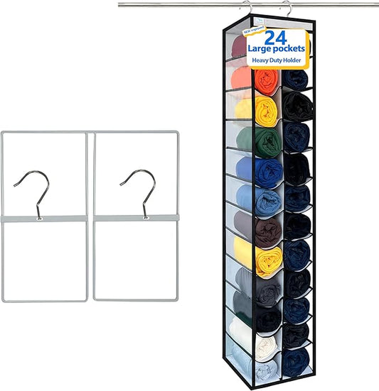 Legging Organizer for Closet Hanging, Legging Storage Bag Can Holds 24 Leggings Jeans or Shirts, Heavy Duty Metal Hooks for Over Door Storage, Wardrobe Clothes Storage - Black/White